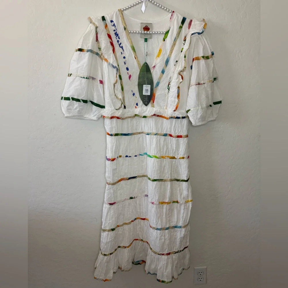 FARM Rio White Midi Dress with Multicolor Stripe Detail - Picture 4 of 10